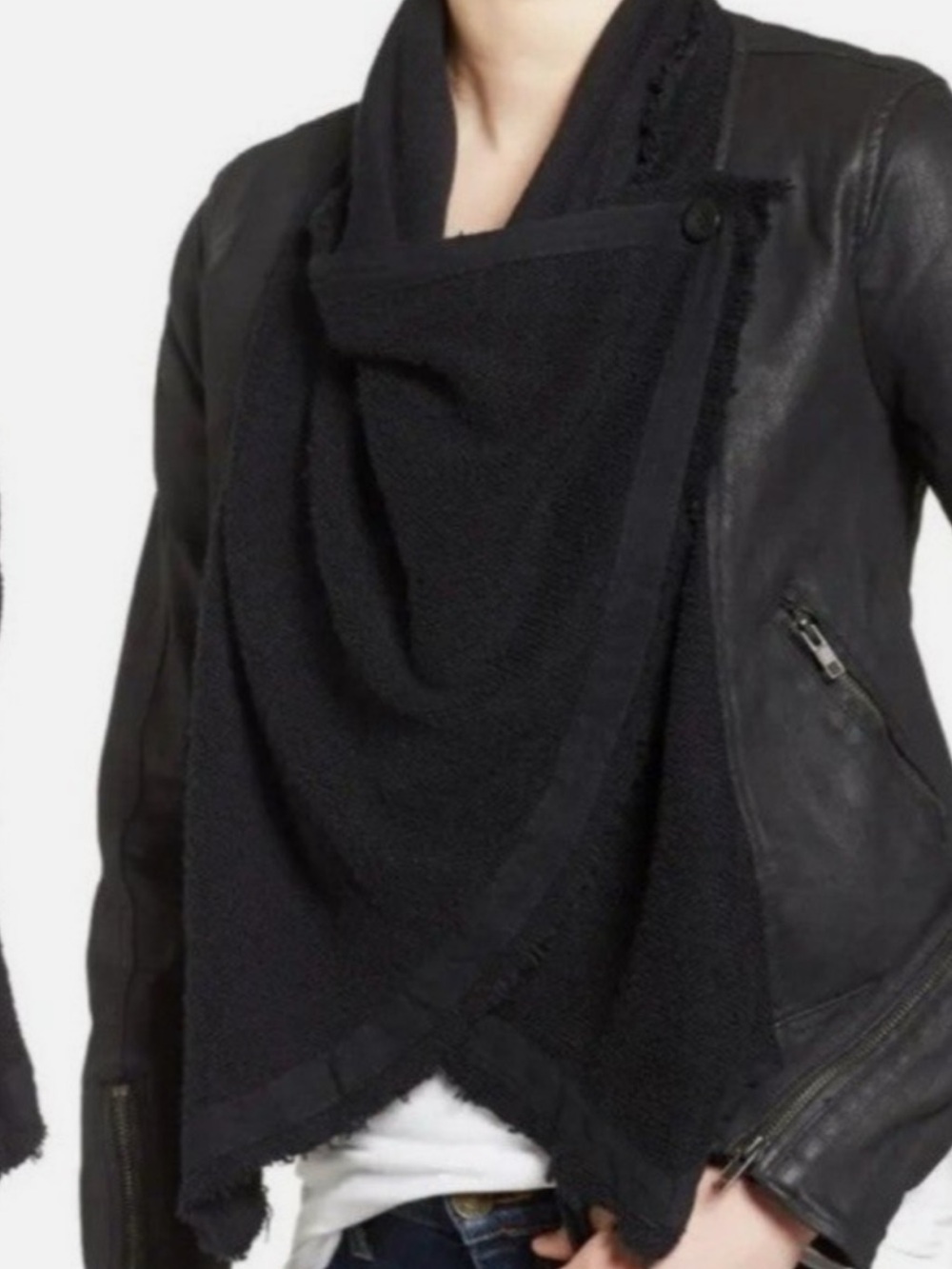 Free People Black Moto Jacket Women’s 4 Draped Knit Collar Faux Leather Biker I - Picture 17 of 17